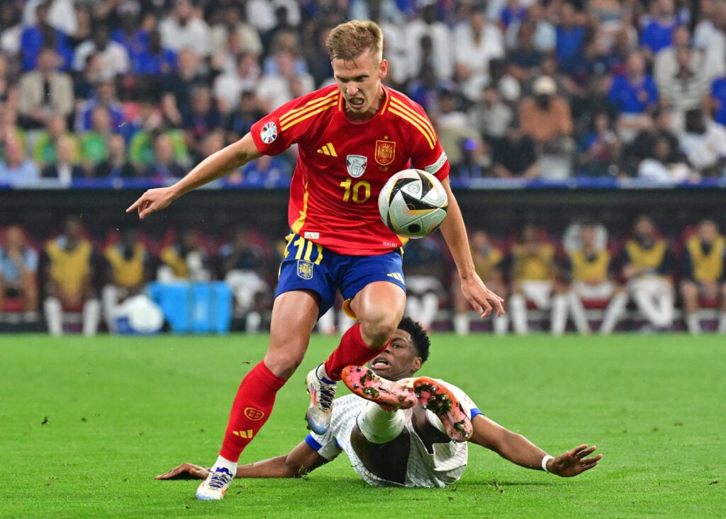 Dani Olmo of Spain in action during the UEFA EURO 2024 semi-final match between Spain v France at Munich Football Arena on July 9, 2024 in Munich, ...