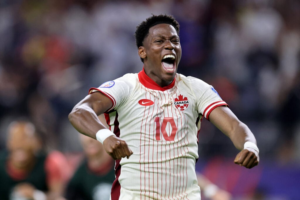 Jonathan David of Canada celebrates the victory after the CONMEBOL Copa America 2024 quarter-final match between Venezuela and Canada at AT&T S...