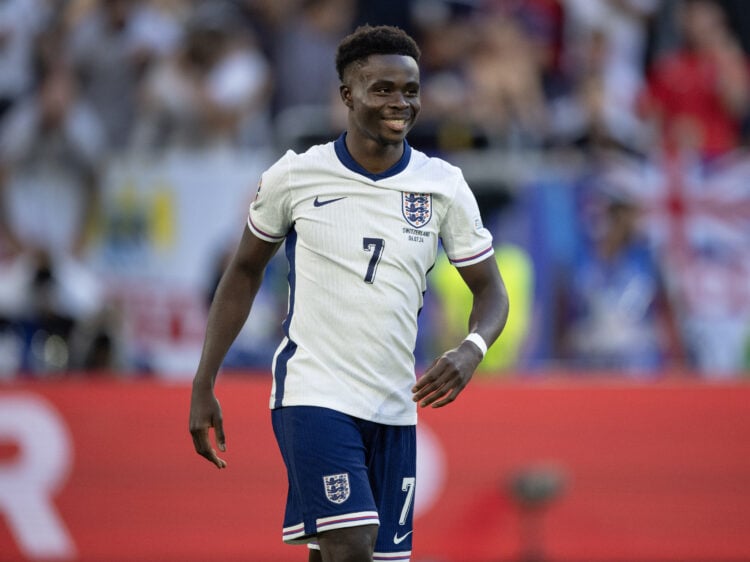 Bukayo Saka of England celebrates after scoring his penalty during the penalty shoot out of the UEFA EURO 2024 quarter-final match between England ...