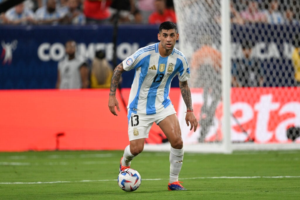 Cristian Romero #13 of Argentina plays the ball during the first half of the semi-final match between Canada and Argentina in the CONMEBOL Copa Ame...