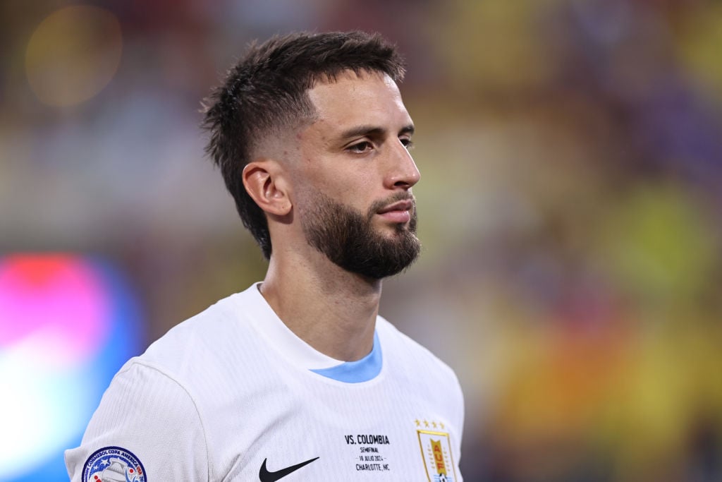 Rodrigo Bentancur of Uruguay lines up prior to the CONMEBOL Copa America 2024 semifinal match between Uruguay and Colombia at Bank of America Stadi...