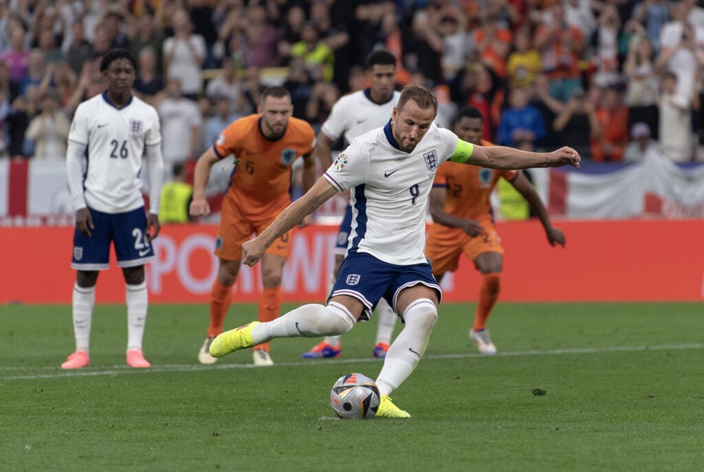 Harry Kane of England scores a penalty during the UEFA EURO 2024 semi-final match between Netherlands and England at Football Stadium Dortmund on J...