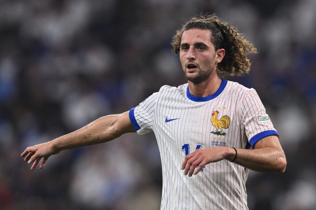 Adrian Rabiot of France reacts during the UEFA EURO 2024 semi-final match between Spain v France at Munich Football Arena on July 09, 2024 in Munic...