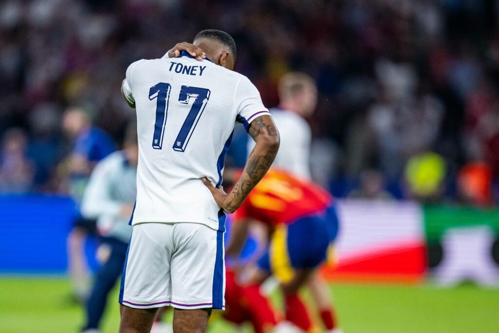 Ivan Toney of England looks dejected following his team's defeat in the UEFA EURO 2024 final match between Spain and England at Olympiastadion on J...