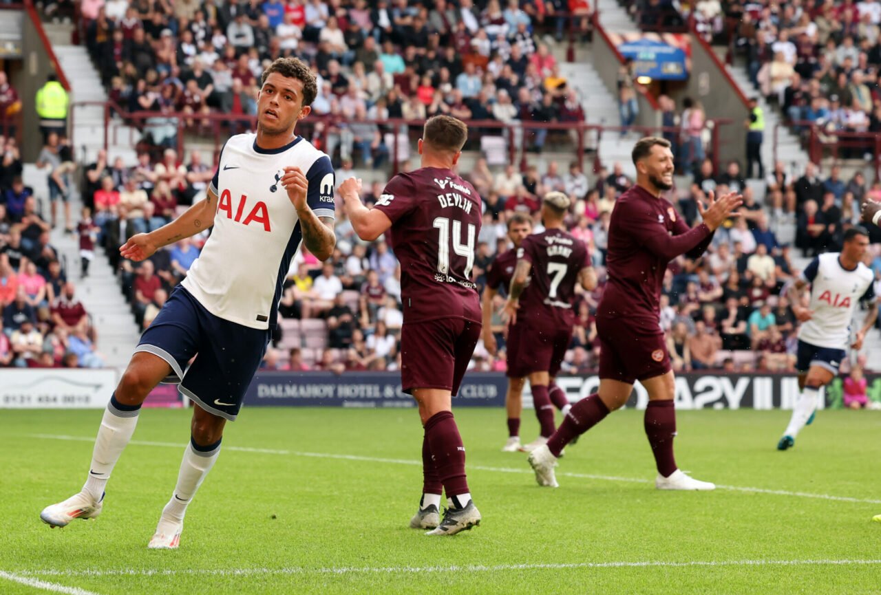 Brennan Johnson of Tottenham Hotspur celebrates after he scores his team's opening goal duringthe Pre-Season Friendly between Heart of Midlothian a...