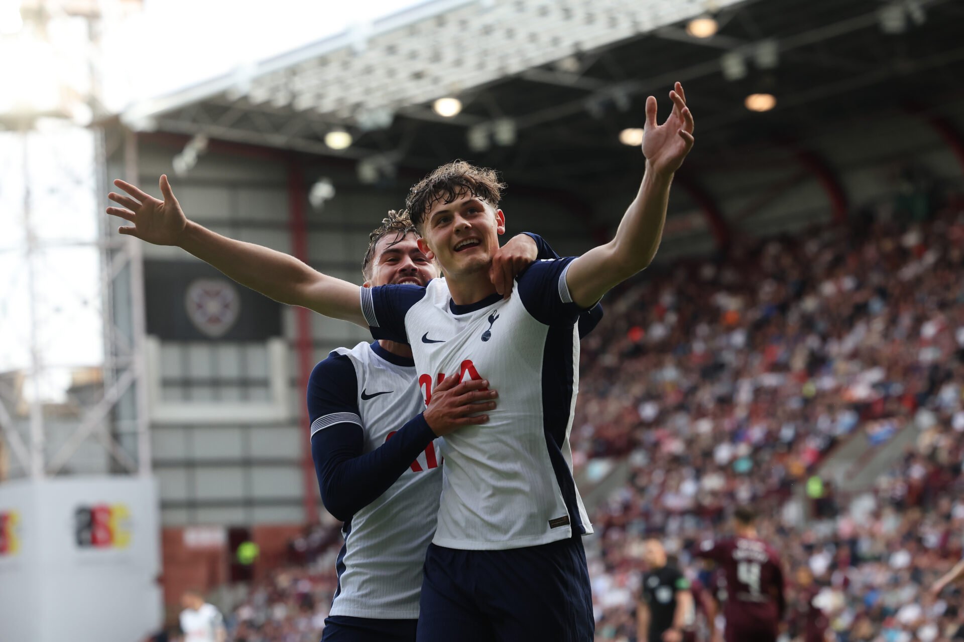William Lankshear of Tottenham Hotspur celebrates after he scores his team's second goal during the Pre-Season Friendly between Heart of Midlothian...