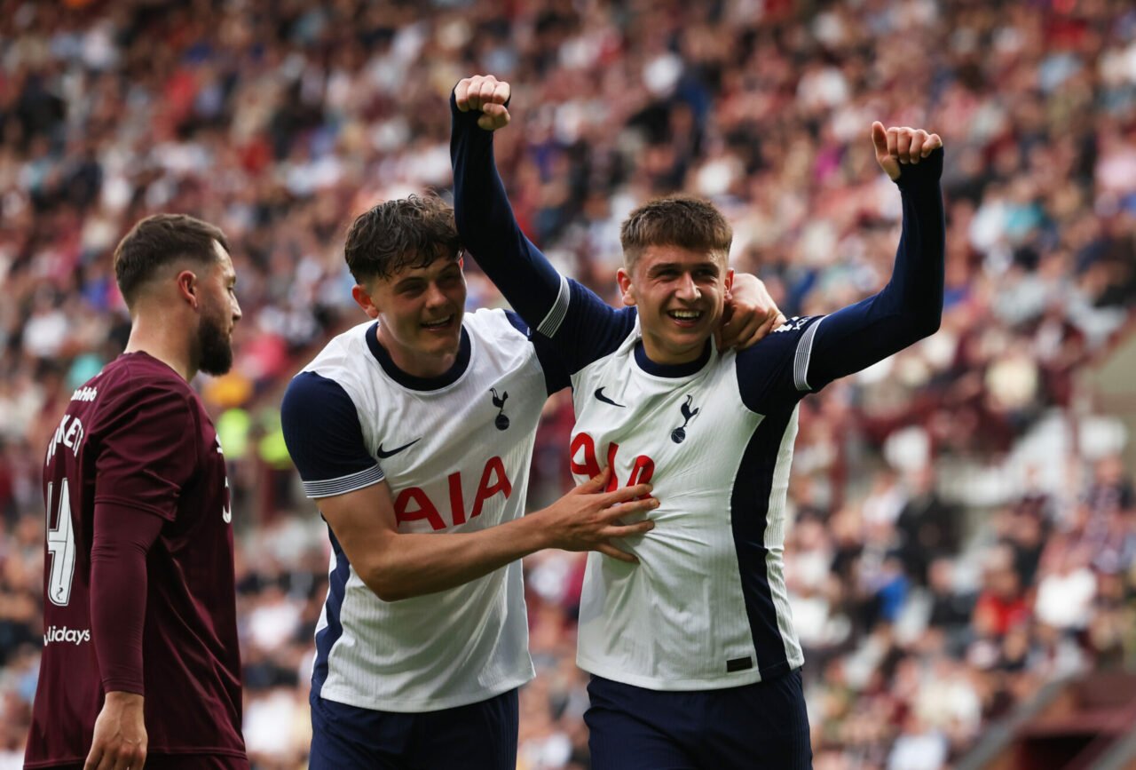 Mikey Moore of Tottenham Hotspur celebrates after he scores his team's second goal during the Pre-Season Friendly between Heart of Midlothian and T...