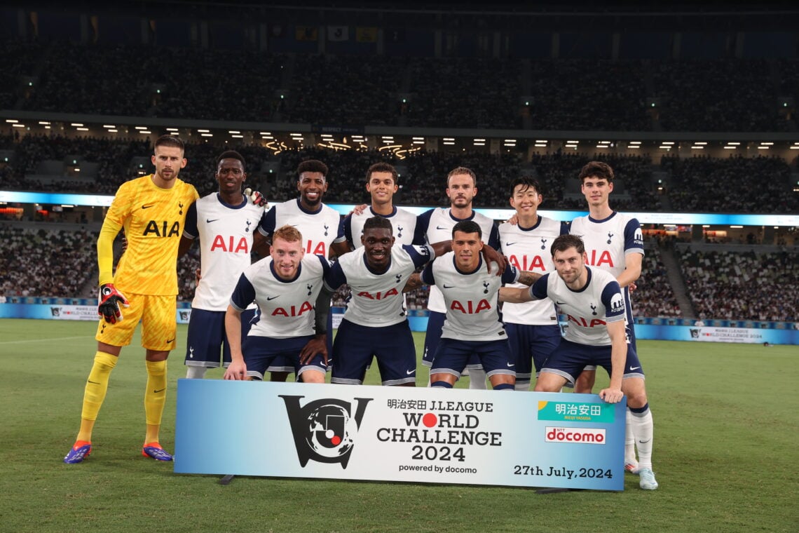 Tottenham Hotspur Football Club players line up for the team photos prior to during the J.LEAGUE World Challenge powered by docomo match between Vi...