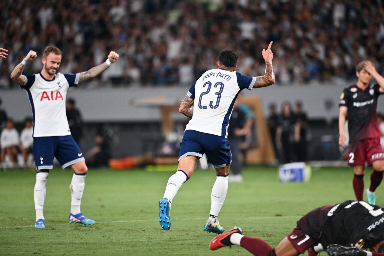 Pedro Porro of Tottenham Hotspur FC celebrates scoring his side's first goal during the J.LEAGUE World Challenge powered by docomo match between Vi...