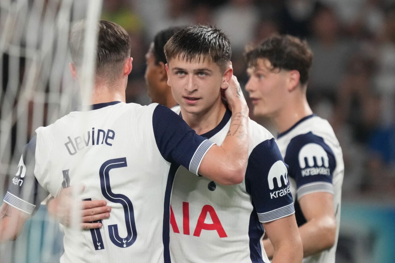 Mikey Moore #59 of Tcttenham Hotspur celebrates scoring his team's third goal during the J.LEAGUE World Challenge powered by docomo match between V...