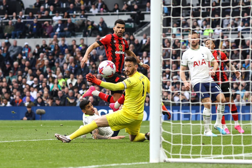 Dominic Solanke of AFC Bournemouth scores their 2nd goal during the Premier League match between Tottenham Hotspur and AFC Bournemouth at Tottenham...