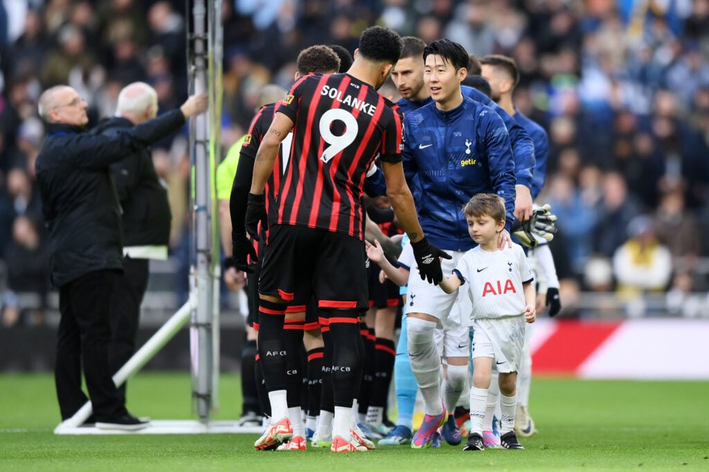 Son Heung-Min of Tottenham Hotspur shakes hands with Dominic Solanke of AFC Bournemouth prior to the Premier League match between Tottenham Hotspur...