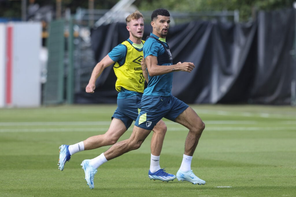 Max Kinsey and Dominic Solanke of Bournemouth during a pre-season training session at Vitality Stadium on August 01, 2024 in Bournemouth, England.