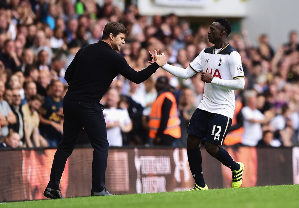 Victor Wanyama of Tottenham Hotspur celebrates scoring his sides first goal with Mauricio Pochettino, Manager of Tottenham Hotspur during the Premi...