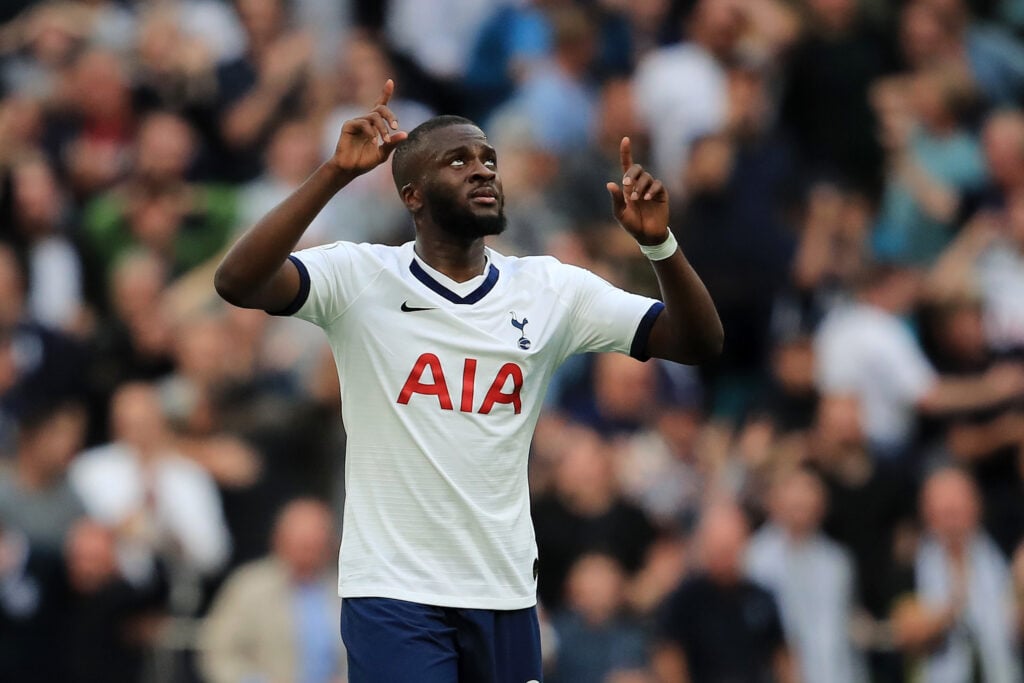 Tanguy Ndombele of Tottenham Hotspur celebrates after scoring his team's first goal during the Premier League match between Tottenham Hotspur and A...