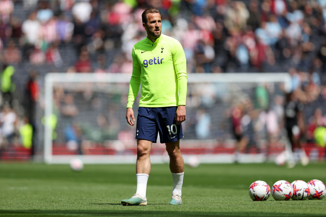 Harry Kane of Tottenham Hotspur looks on as he warms up prior to the Premier League match between Tottenham Hotspur and Brentford